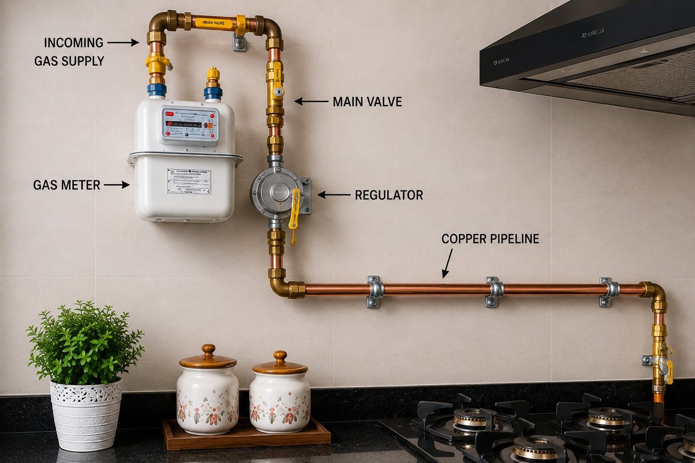 Labelled diagram of a kitchen gas installation showing the incoming gas supply, gas meter, main valve, regulator and copper pipeline