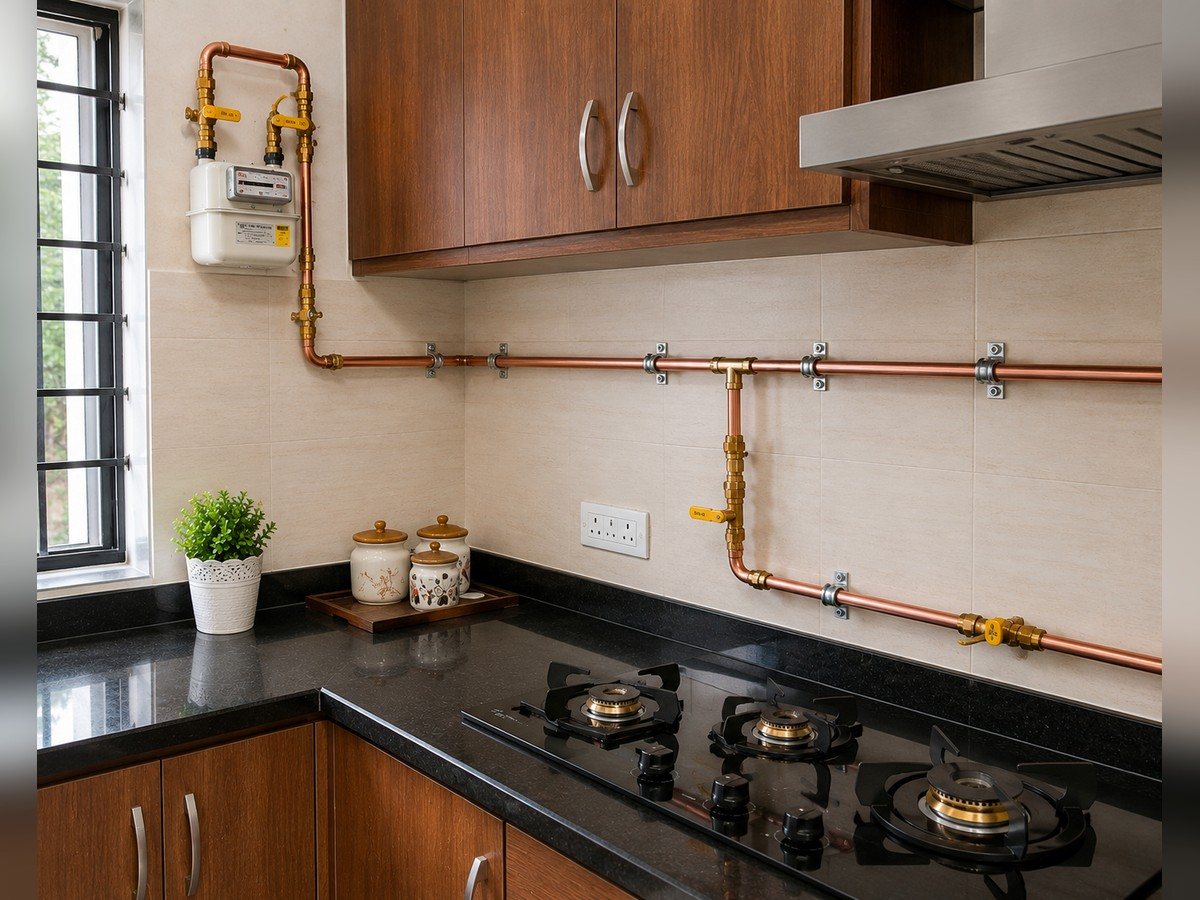 Copper gas line from a wall meter running the length of a kitchen backsplash with a branch valve dropping to the hob