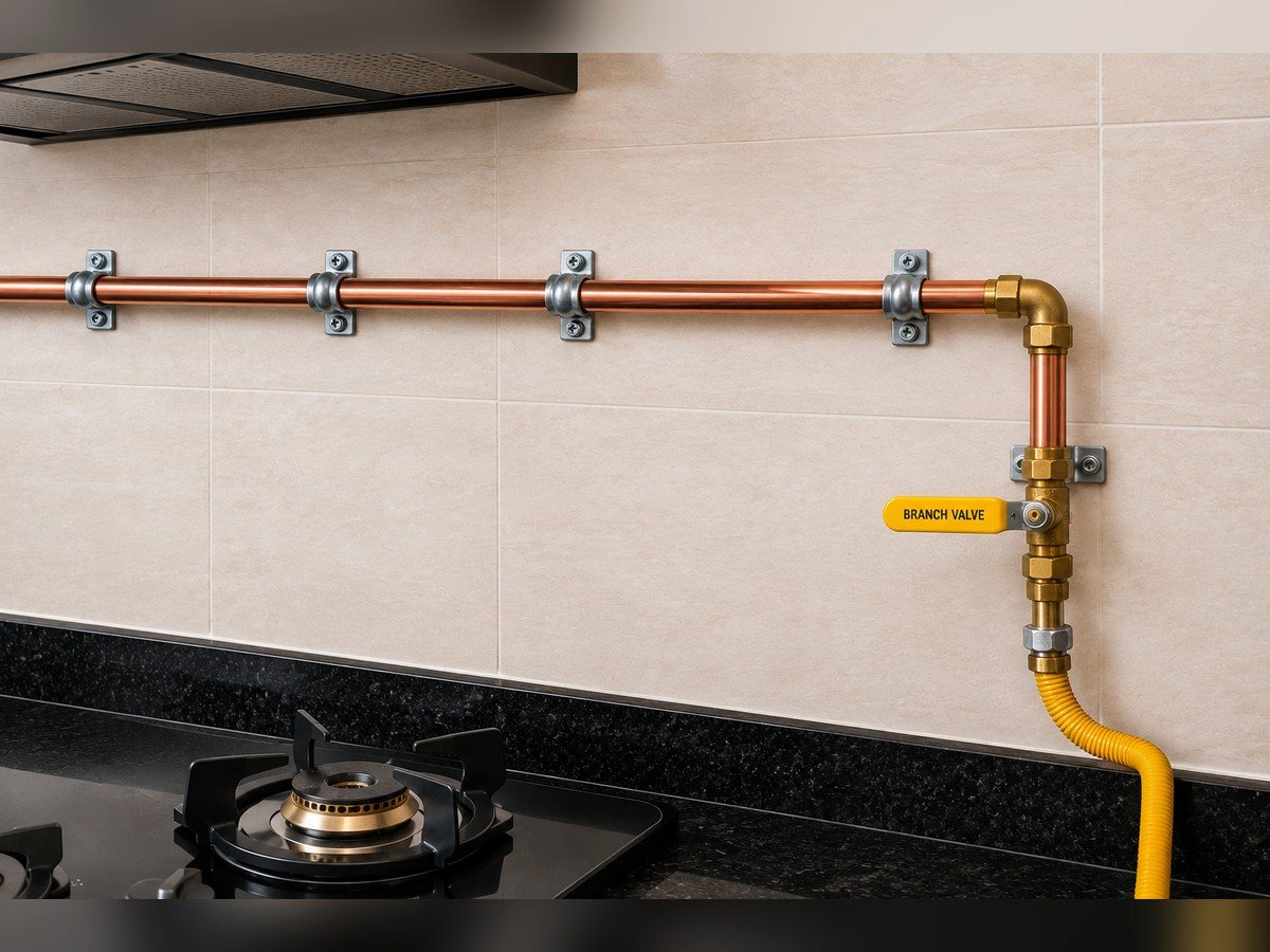 Clamped copper gas run turning down through a labelled branch valve into a flexible hose at the hob