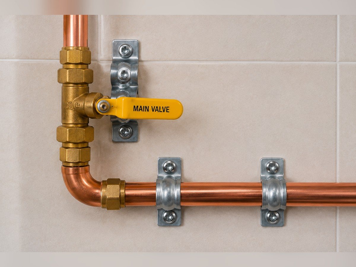 Close-up of a brass main valve with a yellow lever handle on a copper gas line