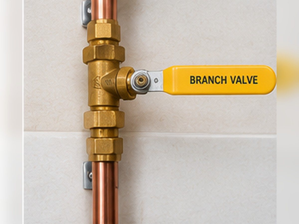 Close-up of a brass branch valve with a labelled yellow lever on a vertical copper gas line